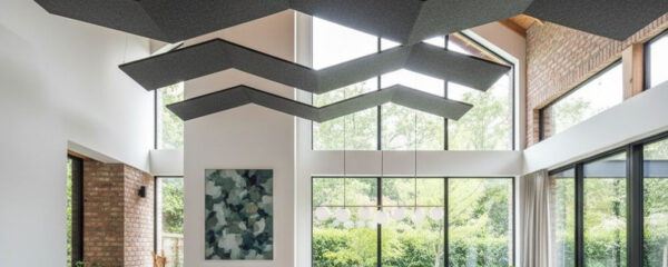 Paneaux acoustiques suspendus dans un salon rénové